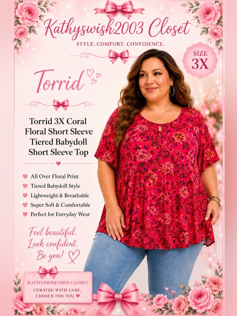 Torrid 3X Coral Floral Short Sleeve Tiered Babydoll Short Sleeve Top EUC
